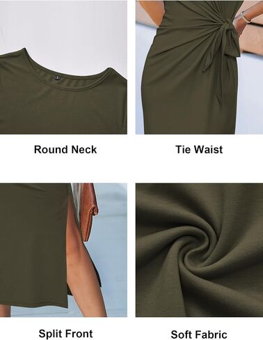 Newshows Women 2025 Summer Casual Dress Tie Waist T Shirt Short Sleeve Beach Crew Neck Slit Maxi Trendy in Saudi Arabia