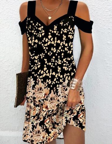 Women Cold Shoulder Dress 2025 Summer Casual Trendy Boho Floral V Neck Vintage Dresses for Beach Vacation in Saudi Arabia