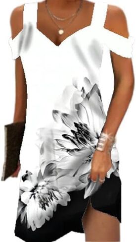 Women Cold Shoulder Dress 2025 Summer Casual Trendy Boho Floral V Neck Vintage Dresses for Beach Vacation in Saudi Arabia