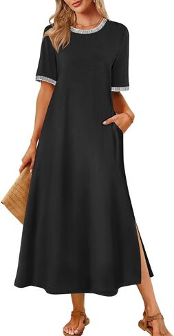 MEROKEETY Women's 2025 Summer Casual Maxi Dress Spring Beach Vacation Short Sleeve Crewneck Split Midi T Shirt Dresses in Saudi Arabia