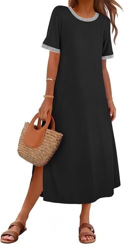 MEROKEETY Women's 2025 Summer Casual Maxi Dress Spring Beach Vacation Short Sleeve Crewneck Split Midi T Shirt Dresses in Saudi Arabia