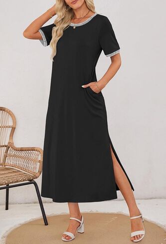 MEROKEETY Women's 2025 Summer Casual Maxi Dress Spring Beach Vacation Short Sleeve Crewneck Split Midi T Shirt Dresses in Saudi Arabia