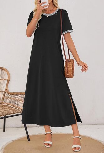 MEROKEETY Women's 2025 Summer Casual Maxi Dress Spring Beach Vacation Short Sleeve Crewneck Split Midi T Shirt Dresses in Saudi Arabia