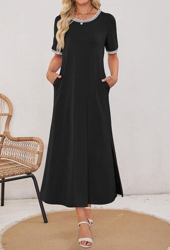 MEROKEETY Women's 2025 Summer Casual Maxi Dress Spring Beach Vacation Short Sleeve Crewneck Split Midi T Shirt Dresses in Saudi Arabia