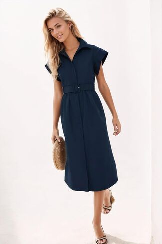 Womens 2025 Summer Short Sleeves Midi Dress Casual Button Down Long Dress with Belt in Saudi Arabia