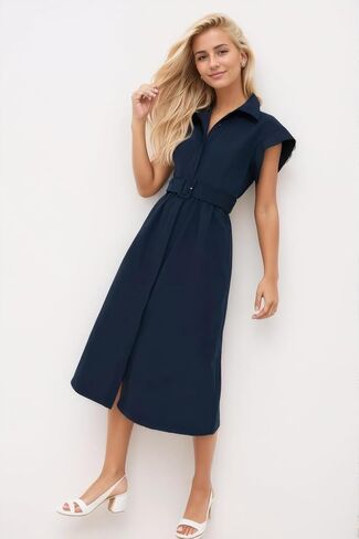 Womens 2025 Summer Short Sleeves Midi Dress Casual Button Down Long Dress with Belt in Saudi Arabia