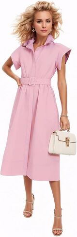 Womens 2025 Summer Short Sleeves Midi Dress Dress Button Button Down Long Bress مع حزام in Saudi Arabia