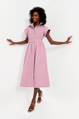 Womens 2025 Summer Short Sleeves Midi Dress Dress Button Button Down Long Bress مع حزام in Saudi Arabia