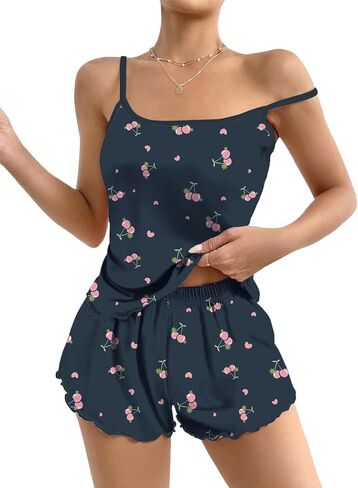 GEMLON Cami Pajama Set for Women Print Lingerie Sleepwear Camisole Top and Shorts 2 Piece Pj Shorts Set Nightwear in Kuwait