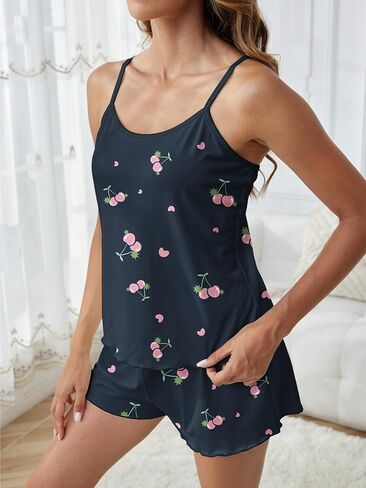 GEMLON Cami Pajama Set for Women Print Lingerie Sleepwear Camisole Top and Shorts 2 Piece Pj Shorts Set Nightwear in Kuwait