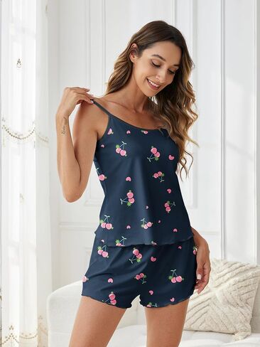 GEMLON Cami Pajama Set for Women Print Lingerie Sleepwear Camisole Top and Shorts 2 Piece Pj Shorts Set Nightwear in Kuwait