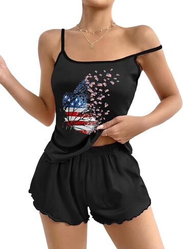 GEMLON Cami Pajama Set for Women Print Lingerie Sleepwear Camisole Top and Shorts 2 Piece Pj Shorts Set Nightwear in Kuwait