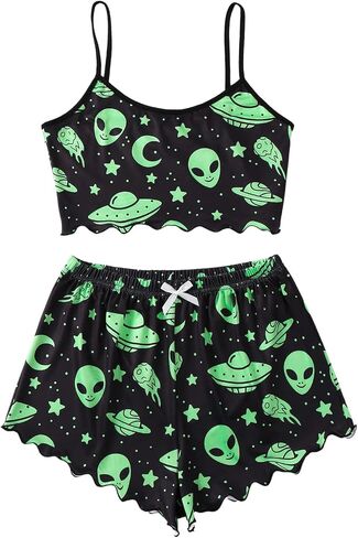 WDIRARA Women's 2 Piece Sleeveless Pajama Set Alien Graphic Sleepwear Crop Cami Tops and Shorts Pjs Sets in Saudi Arabia