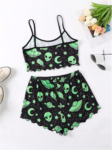 WDIRARA Women's 2 Piece Sleeveless Pajama Set Alien Graphic Sleepwear Crop Cami Tops and Shorts Pjs Sets in Saudi Arabia