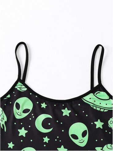 WDIRARA Women's 2 Piece Sleeveless Pajama Set Alien Graphic Sleepwear Crop Cami Tops and Shorts Pjs Sets in Saudi Arabia
