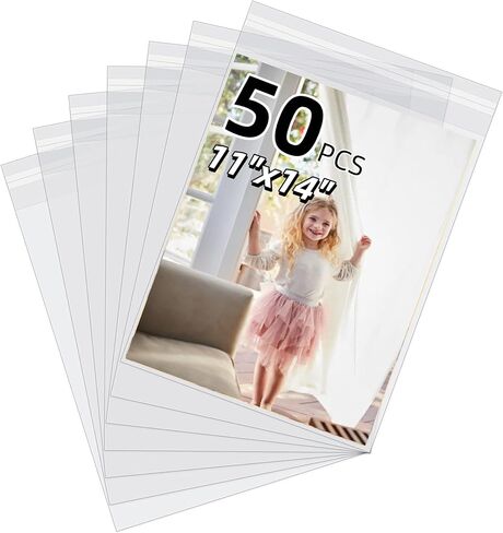 NABCTIG 50 Pack Crystal Clear Sleeves, Acid-Free Plastic Sleeves, Storage Bags for 8.5x11 Photos, Art Prints, Picture Mats, Paper and Canvas (Bag Size: 9"x11 3/7") in Kuwait