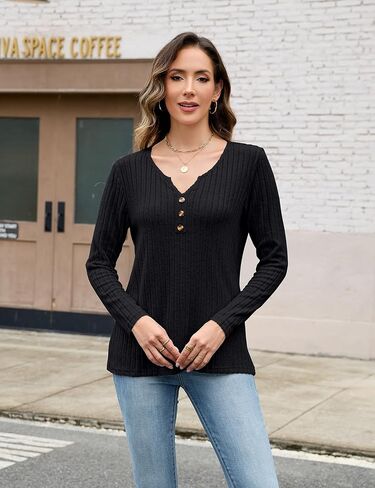 قمصان Edelqual Womens Long Sleeve Fall Henley V Decrit Derts خفيفة الوزن سترة تونك عصرية فاهشيون in Kuwait