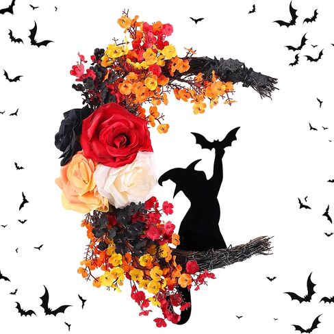 Halloween Wreaths for Front Door Moon Black Cat Wreath with Bat, Rose Flower, 16 Inch Crescent Moon Wreath, Spooky Hanging Door Sign Garland Decoration for Home Party Wall Window Indoor Outdoor in Saudi Arabia