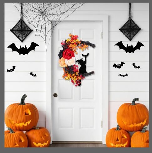 Halloween Wreaths for Front Door Moon Black Cat Wreath with Bat, Rose Flower, 16 Inch Crescent Moon Wreath, Spooky Hanging Door Sign Garland Decoration for Home Party Wall Window Indoor Outdoor in Saudi Arabia
