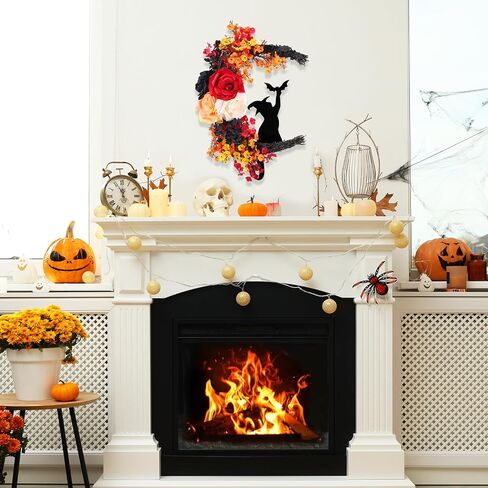 Halloween Wreaths for Front Door Moon Black Cat Wreath with Bat, Rose Flower, 16 Inch Crescent Moon Wreath, Spooky Hanging Door Sign Garland Decoration for Home Party Wall Window Indoor Outdoor in Saudi Arabia