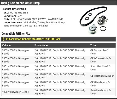 Timing Belt Kit with Water Pump - Compatible with 1998-2005 Volkswagen Beetle 2.0L 4-Cyldiner in Saudi Arabia
