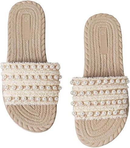 Oyoangle Lear's Pearl Beaded Band Single Sandals مفتوحة اصبع القدم الصنادل الشاطئية الشاطئية في الهواء الطلق in Saudi Arabia