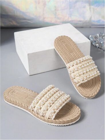 Oyoangle Lear's Pearl Beaded Band Single Sandals مفتوحة اصبع القدم الصنادل الشاطئية الشاطئية في الهواء الطلق in Saudi Arabia