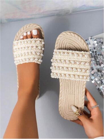 Oyoangle Lear's Pearl Beaded Band Single Sandals مفتوحة اصبع القدم الصنادل الشاطئية الشاطئية في الهواء الطلق in Saudi Arabia