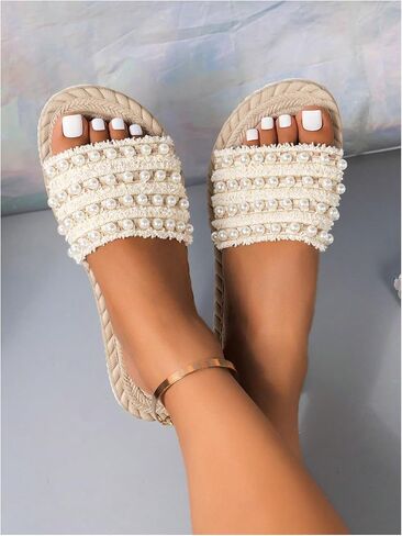 Oyoangle Lear's Pearl Beaded Band Single Sandals مفتوحة اصبع القدم الصنادل الشاطئية الشاطئية في الهواء الطلق in Saudi Arabia