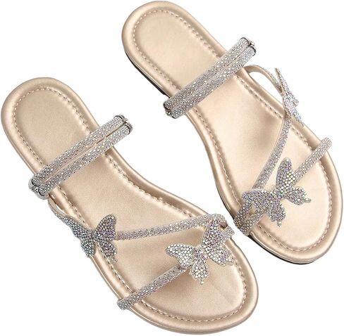 GORGLITTER Women's Butterfly Sandals Dressy Cute Strappy Glitter Rhinestone Open Toe Slides Wedding Bridal Flats Sandal in Saudi Arabia