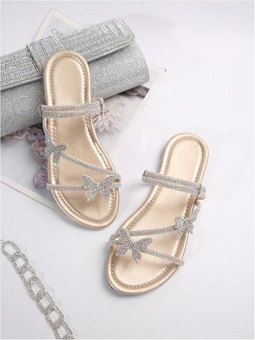 GORGLITTER Women's Butterfly Sandals Dressy Cute Strappy Glitter Rhinestone Open Toe Slides Wedding Bridal Flats Sandal in Saudi Arabia