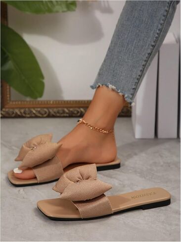 Oyoangle Women's Rhinestone القوس اللامع Slide Slide Square Square Open Open On Slip on Sandal Sandal Syndy Shoes in Kuwait