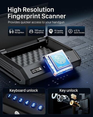 Gun Safe,Biometric Quick Access Gun Safe for Handguns 3-Ways Unlock Pistol Safe 100-Fingerprint Digital PIN Key Unlock with Time Battery Level Display,Gun Lock Box for Home Nightstand and Car in Saudi Arabia