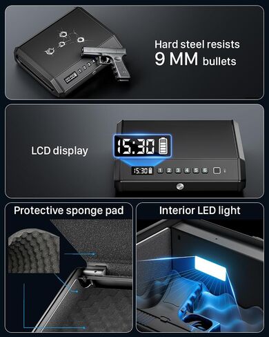Gun Safe,Biometric Quick Access Gun Safe for Handguns 3-Ways Unlock Pistol Safe 100-Fingerprint Digital PIN Key Unlock with Time Battery Level Display,Gun Lock Box for Home Nightstand and Car in Saudi Arabia