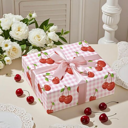 RUSPEPA Vintage Cherry Wrapping Paper Roll, Mini Roll, Chic Watercolor Red Cherry Pattern Gift Wrap Paper for Birthday, Summer Gifts, Valentine's Day, Bridal Shower, Wedding, 17 Inches x 16.4 Feet in Saudi Arabia