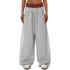 JUSJOJO Women's Wide Leg Baggy Sweatpants Y2k Plaid Patchwork Double Waist Sweat Pants Streetwear with Pockets in Saudi Arabia