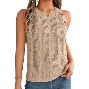 Women Sleeveless Sweater Vest, Crochet Crew Neck Ribbed Cable Knit Tank Tops, Summer Business Casual Outfit Going Out in Saudi Arabia