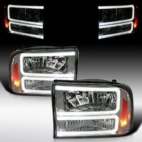 Autozensation Compatible with 1999-2004 Ford F-250, F-350, F-450 SuperDuty, 2000-2004 Excursion, Left + Right Head Lights Assembly, Black Headlights with LED Bar in Saudi Arabia