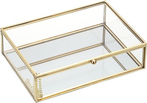 Glass Jewelry Box with Lid Golden Vintage Box with Mirror Base Decorative Case for Ring Earring Makeup Jewelry Display Organizer for Dresser, 7.3 x 5.3 x 2 Inch in Kuwait
