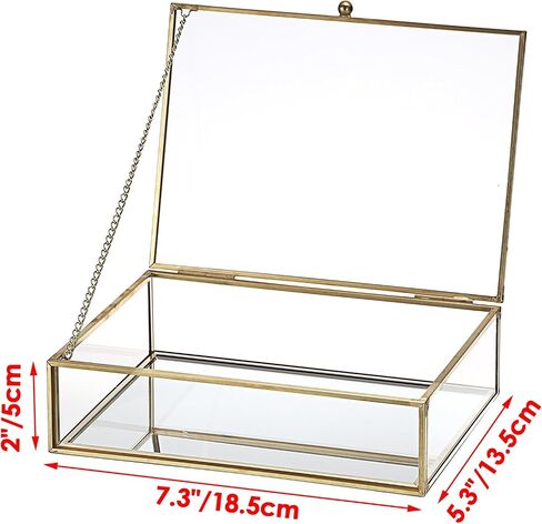 Glass Jewelry Box with Lid Golden Vintage Box with Mirror Base Decorative Case for Ring Earring Makeup Jewelry Display Organizer for Dresser, 7.3 x 5.3 x 2 Inch in Kuwait