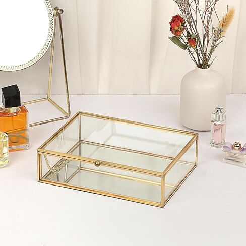 Glass Jewelry Box with Lid Golden Vintage Box with Mirror Base Decorative Case for Ring Earring Makeup Jewelry Display Organizer for Dresser, 7.3 x 5.3 x 2 Inch in Kuwait
