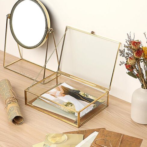 Glass Jewelry Box with Lid Golden Vintage Box with Mirror Base Decorative Case for Ring Earring Makeup Jewelry Display Organizer for Dresser, 7.3 x 5.3 x 2 Inch in Kuwait