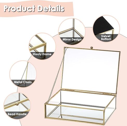 Glass Jewelry Box with Lid Golden Vintage Box with Mirror Base Decorative Case for Ring Earring Makeup Jewelry Display Organizer for Dresser, 7.3 x 5.3 x 2 Inch in Kuwait