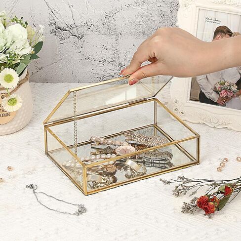 Glass Jewelry Box with Lid Golden Vintage Box with Mirror Base Decorative Case for Ring Earring Makeup Jewelry Display Organizer for Dresser, 7.3 x 5.3 x 2 Inch in Kuwait