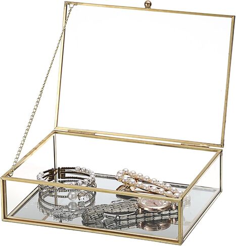 Glass Jewelry Box with Lid Golden Vintage Box with Mirror Base Decorative Case for Ring Earring Makeup Jewelry Display Organizer for Dresser, 7.3 x 5.3 x 2 Inch in Kuwait