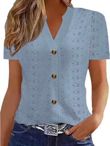 السيدات الأنيقة الصيفية T Shirt Eyelet التطريز الأكمام قصيرة الأكمام الزر أسفل القمصان العنق in Kuwait