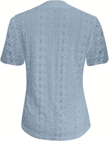 السيدات الأنيقة الصيفية T Shirt Eyelet التطريز الأكمام قصيرة الأكمام الزر أسفل القمصان العنق in Kuwait