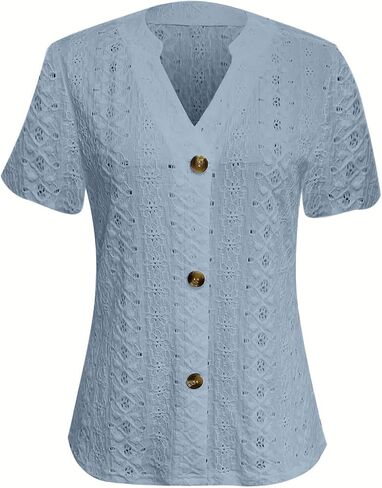 السيدات الأنيقة الصيفية T Shirt Eyelet التطريز الأكمام قصيرة الأكمام الزر أسفل القمصان العنق in Kuwait