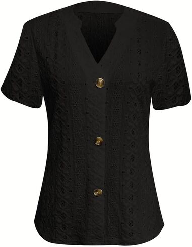 السيدات الأنيقة الصيفية T Shirt Eyelet التطريز الأكمام قصيرة الأكمام الزر أسفل القمصان العنق in Kuwait