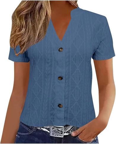 السيدات الأنيقة الصيفية T Shirt Eyelet التطريز الأكمام قصيرة الأكمام الزر أسفل القمصان العنق in Kuwait